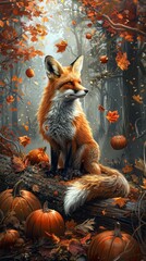 Fototapeta premium Autumnal Forest Scene with Majestic Fox Amidst Falling Leaves and Pumpkins.