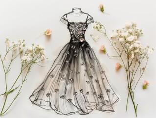 Sketch of a evening dress, fashion desiner, layout, fabric, pencil, desiner's table, working space