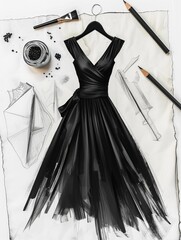 Sketch of a evening dress, fashion desiner, layout, fabric, pencil, desiner's table, working space