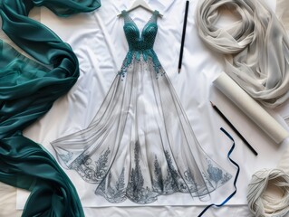 Sketch of a evening dress, fashion desiner, layout, fabric, pencil, desiner's table, working space