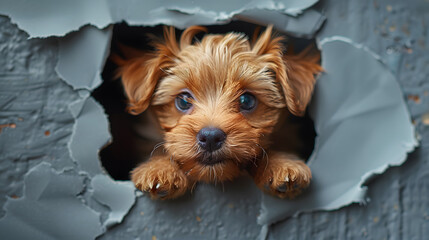 Cute dog puppy sticking its head out of the hole in  wall