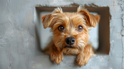Cute dog puppy sticking its head out of the hole in  wall