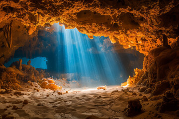 A cave with a bright light shining through it