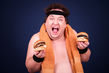Funny fat man and his bad dieting habits. Blue background.
