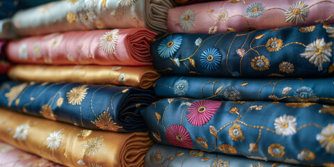 Pile of Chinese Silk Fabrics with Floral Patterns and Embroideries: Silk Textile Rolls Display with Gold Silver Embroidery - Detailed Close-Up