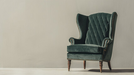 A cozy green armchair with metal studs and sturdy wooden legs.
