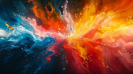 The image is an abstract painting. It has a bright and colorful background with a blue and orange color scheme. The painting is very fluid and looks like it is in motion.