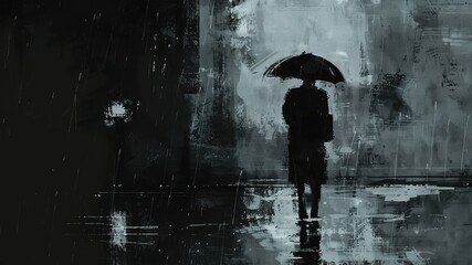 傘をさす男性のモノクロ抽象画_2