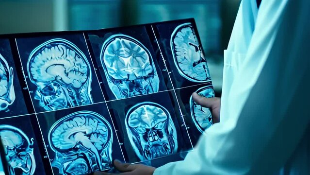 The radiologist carefully checks the image of the brain and skull for bone or organ problems using CT, MRI, ultrasound, and other body imaging technologies.
