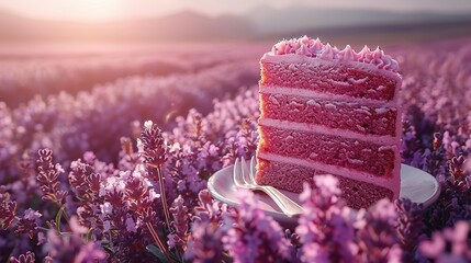   A slice of pink cake sits atop a plate amidst a sea of lavender blossoms; a fork stands nearby,...