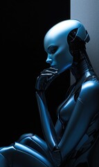 Humanoid Robot Made from Teal Smooth Metal, Mid Body Shot, Subdued Blue Lighting