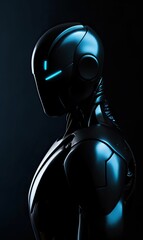 Humanoid Robot Made from Teal Smooth Metal, Mid Body Shot, Subdued Blue Lighting