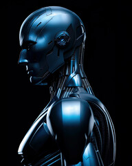 Humanoid Robot Made from Teal Smooth Metal, Mid Body Shot, Subdued Blue Lighting