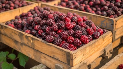 Fresh red Boysenberries in wooden crates for sale