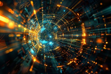 Obraz premium Futuristic digital abstraction with glowing lights and intricate patterns, representing technology, data flow, and cybernetic concepts in a high-tech environment