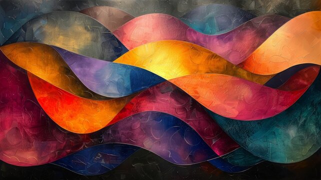 The image is an abstract painting with a colorful, wavy pattern,colorful background with graffiti