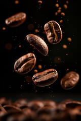 Fototapeta premium Levitating and falling coffee beans on black background.