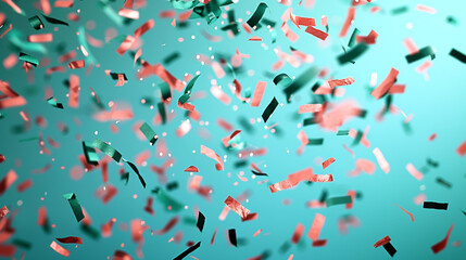 Bright coral and dark green confetti tumbling down a light blue background, evoking joy and...