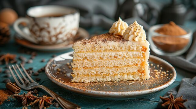   A slice of cake sits atop a plate beside a cup of java and a fork on a table