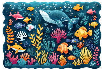 Fototapeta premium Colorful ocean scene with various fish and sea creatures in a stylized underwater setting. World Ocean Day.