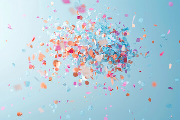 Cheerful confetti explosion on a pale blue background, simulating a festive day celebration...