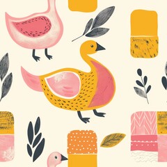 cute retro children theme pattern with goose, pink and yellow colors . ai generated