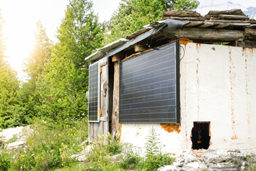 Solar panels on the Wooden House in the Countryside of Italy.