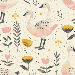 cute retro children theme pattern with goose, pink and yellow colors . ai generated