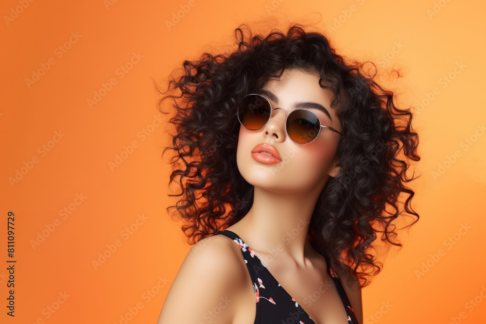 Canvas Prints curly girl in sunglasses, young beautiful fashionable model portrait, bright background for design, copy space, close-up