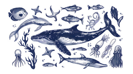 Fototapeta premium Vintage navy blue Hand drawn illustration of realistic ocean animals, sea stars, whale, seaweed, fish, squids isolated on white background