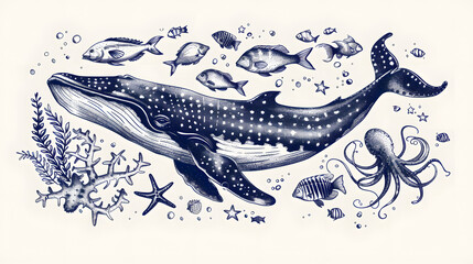 Fototapeta premium Vintage navy blue Hand drawn illustration of realistic ocean animals, sea stars, whale, seaweed, fish, squids isolated on white background