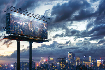 City skyline transitioning from day to night behind a prime billboard space, capturing dual advertising moments.