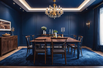 dining room with a wooden table and  chairs. A chandelier hangs from the ceiling, casting a soft glow over the scene