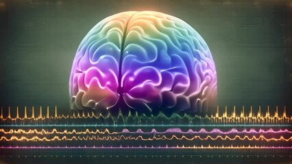 Vibrant 3D brain, with colorful waves like encephalogram, medical and scientific themes