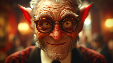 An extremely detailed portrait of a male goblin. He is wearing glasses and has a warm smile on his face. He is dressed in a fine suit and has an air of confidence about him.