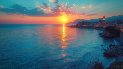 Picturesque Sunset Over Cefalu Town With Vibrant Sky and Reflective Sea