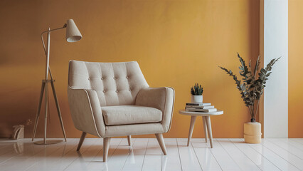 A minimalist beige chair supported by wooden legs.
