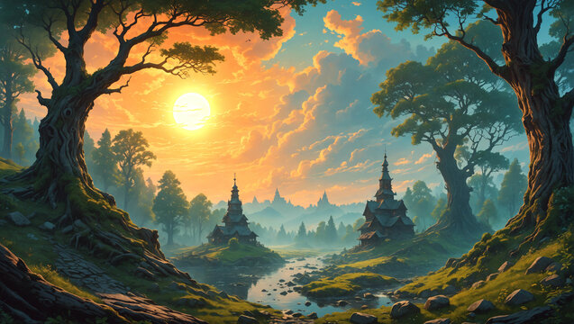 Fantasy landscape, houses and city in the background, sunset in the woods, Nordic or Slavic folklore, beautiful architecture, illustration, high detial