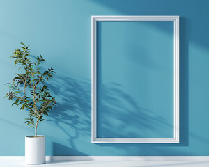 Contemporary frame mockup on a bright cerulean blue wall crisp and modern