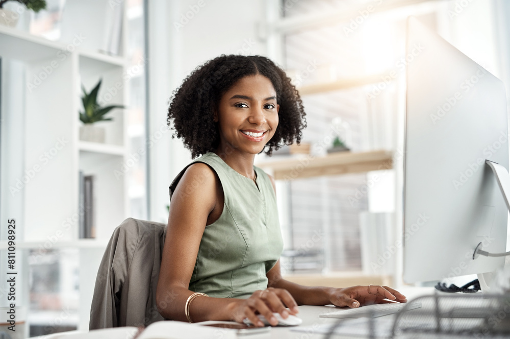 Poster black woman, portrait and computer in office as designer for ux market research, creativity or proje