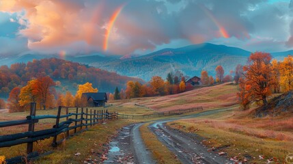 Breathtaking Autumn Landscape with Village Houses Under a Double Rainbow