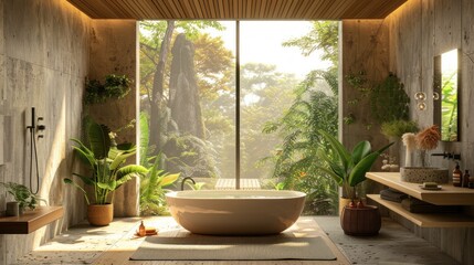 Interior of a future bathroom with window and bathtub. Generative AI