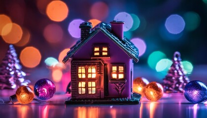Illuminated model house surrounded by Christmas ornaments and miniature trees, set against a colorful bokeh background—perfect for festive themes.