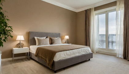 Interior of a bedroom in a modern home or hotel, brown and beige, earth tone colors