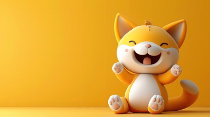 An adorable cat full of joy on a yellow background.