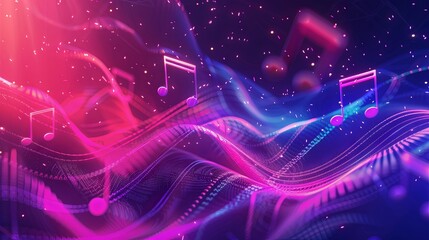 Conceptual background of notes and staff, music and sound effects, neon style