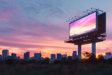 Digital billboard mockup under a clear sky with a vibrant city skyline during twilight.