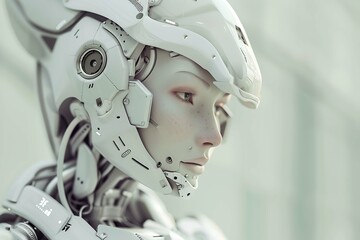 Stunning image featuring a humanoid female robot crafted entirely in white