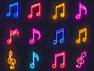 Neon music notes on a dark background.