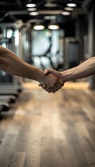 Close up of a personal trainer and his student shaking hands in a gym with fitness equipment, blurry background